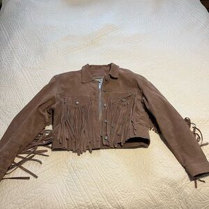 Vintage Y2K 90s Pia Rucci Brown Leather Suede Cowgirl Cropped Jacket with fringe